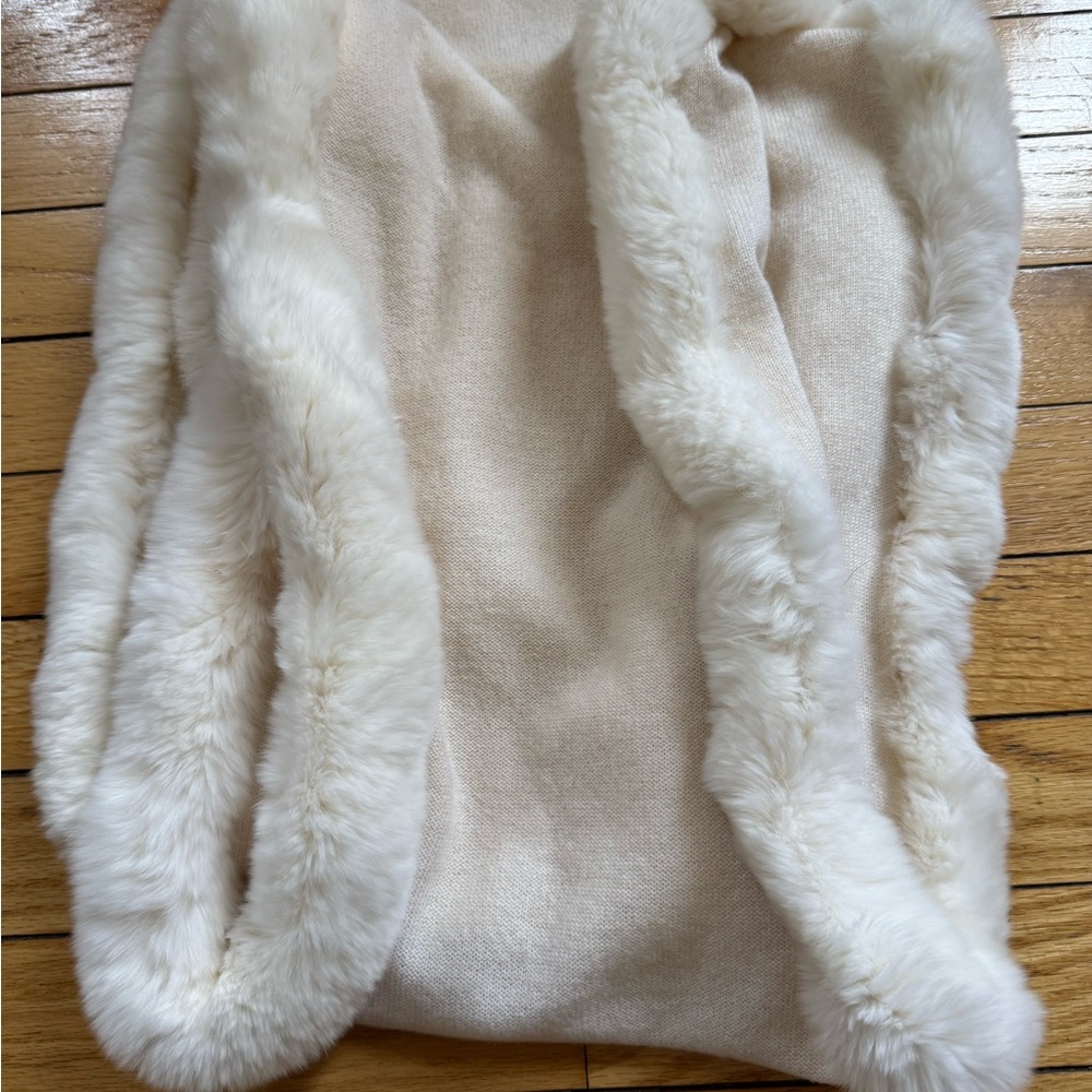 Magaschoni Cashmere and Genuine Fur Cream Eternity Scarf with small holes